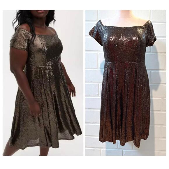 Torrid 18 Chocolate Brown Sequin Off Shoulder Midi Party Cocktail Holiday Dress - Picture 1 of 5